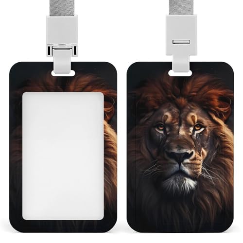 Image of Animal King Lion Hard Badge Holder with Lanyard Heavy Duty Sliding ID Card Name Tag Holders for Office Key Cards