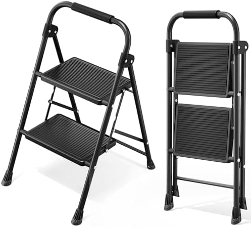 KINGRACK 2 Stufen Kleine Leiter, Trittleiter mit Anti-Rutsch, Breitem Pedal | Tritthocker Klappbar mit Handläufen, Klappsicherung, Stahlleiter Klapptritt Haushaltsleiter für Zuhaus