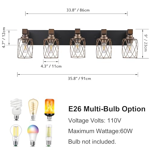 Image of 5-Light Black Gold Farmhouse Vanity Light, Wood & Metal Cage Shade | Mounted Over Mirror, Industrial Rustic Style, Ideal for Bathroom, Bedroom, Hallway & Living Room, Easy To Install
