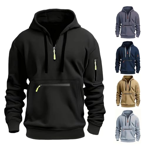 Men's Solid Pullover Hoodies Quarter Zip Sweatshirts Soft Blend Fleece Hooded Sweatshirts Long Sleeve with Big Pocket