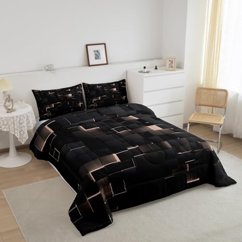 Image of Erosebridal Black and Pink Bedding Set Queen Neon Geometric Checkered Comforter Set for Kids Girls Teen,Tereoscopic Grids Comforter Square Plaid Quilt Duvet Room Decor 3 Pcs