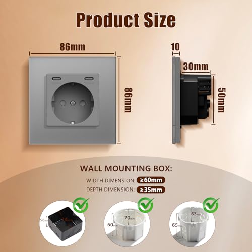 BSEED Steckdose mit USB C(5 V 2.1A),Unterputz Steckdose (Typ C und Typ C),16A 250V 1 Fach Wandsteckdose,2*USB C Einbausteckdose Geeignet f&uuml;r Phone,Pad-86mm*86mm,Grau