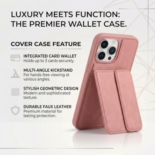 Image of amazon basics Luxury Vegan Leather Back Cover for iPhone 14 Pro Max | Built-in Card Holder Slot | Integrated Mobile Stand | Slim Shockproof Protective Case with Stitched Finish - Pink