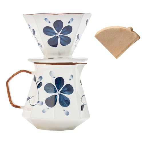 Image of HYAXGM Pour Over Coffee Maker,Ceramic Coffee Maker With 40 pcs Paper Filter,20oz/600ml Pour Over Coffee Dripper (Blue and white)