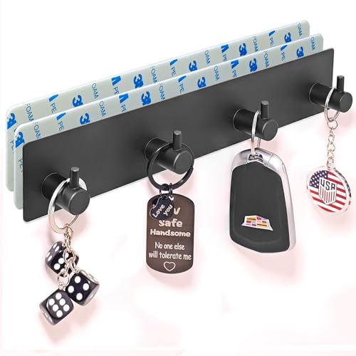 Key-Holder-for-Wall-with-2-Self-Adhesive-Tapes-Key-Hanger-Organizer-for-Wall-with-4-HooksMetal-Key-Rack-for-Door-Entryway-Kitchen-BathroomBlack Key Holder for Wall with 2 Self-Adhesive Tapes, Key Hanger Organizer for Wall with 4 Hooks,Metal Key Rack for Door, Entryway, Kitchen Bathroom(Black) - Image 1