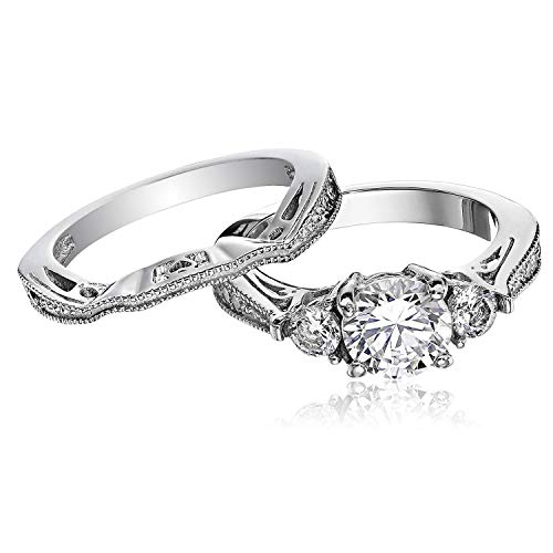 Flamereflection Stainless Steel Women Wedding Ring Sets Bridal Engagement Bands Round Cz Three Stones Size 6 #TOP2