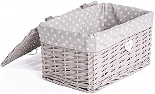 Natural Wicker Storage Basket With Lid & Cotton Liner Grey Color Shelf Basket Nursery Organizer Cupboard Holder Gift Hampers (Light Grey)