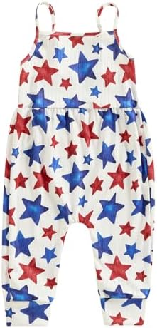 4-th of July Toddler Baby Girl Outfits Red White and Blue Sleeveless Romper Jumpsuit Fourth of July Clothes