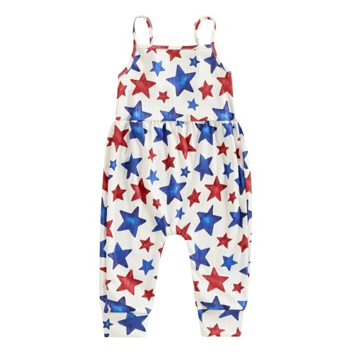 4-th of July Toddler Baby Girl Outfits Red White and Blue Sleeveless Romper Jumpsuit Fourth of July Clothes (Cute Star Print,18-24 Months)