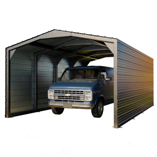 Image of Military-Grade Metal Carport 12x20 FT, Heavy Duty Garage 2-Sided Enclosure | 2x2 inch Steel Poles with Powder Coating, 17-Gauge Walls,100 PSF Snow Load Roof, Hurricane Resistant, Pickup, Truck, Black