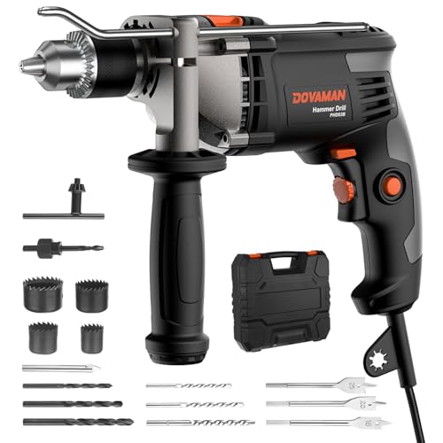 DOVAMAN PHD03B 7.5A Corded Hammer Drill, 1/2'' Impact Drill with Variable Speed 0–3000RPM, Metal Chuck, 2 Modes for Concrete, Wood, Metal – Includes Bits & Carrying Case