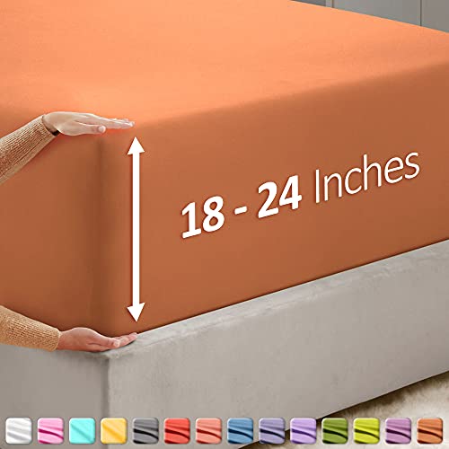Image of Hearth & Harbor Extra Deep Pocket Queen Fitted Sheet - Fits 18 to 24 Inch Mattress - Ultra Soft 1800 Microfiber, Wrinkle-Free & Breathable - Hotel Luxury Fitted Sheet Only, Rust