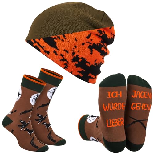Jadive Geschenke für Jäger Hirsch Strickmütze Jäger Socken Winter Beanie Mütze Orange Jagd Zubehör(Beidseitig Camouflage Stil)