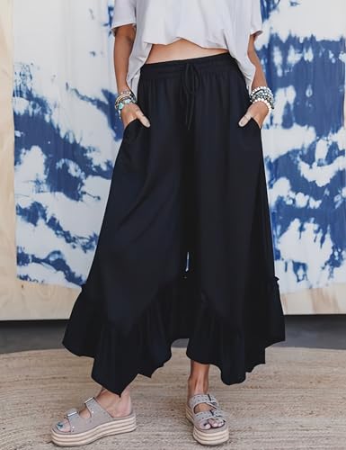 Womens Wide Leg Palazzo Pants Baggy Lounge Ruffled Hem Adjustable Drawstring Culotte Trousers with Pockets3