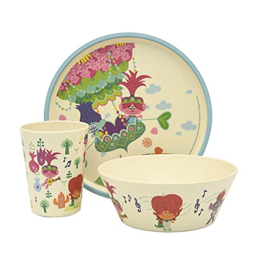 Image of Zak Designs DreamWorks Trolls World Tour Dinnerware Set for Kids Includes 8 inch Plate, 6 inch Bowl, and 10oz Tumbler, Durable and Sustainable Melamine Bamboo Material
