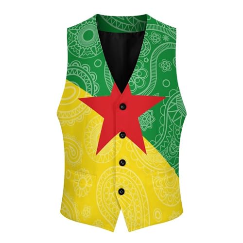 French Guiana Flag Paisley Pattern Novelty Men's Suit Vest Casual Formal Dress Vests Business Waistcoat3