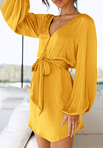 Prettygarden Women's Spring Long Puff Sleeve Satin Dress V Neck Cocktail Party Belted Short Formal Dresses (Yellow,Large) #TOP2