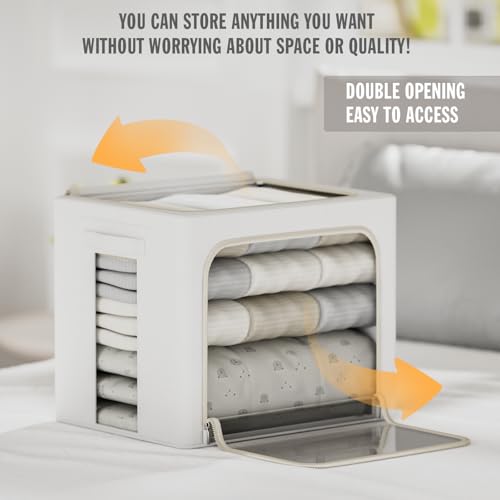 Image of FHSQX 2 Pack Clear Window Storage Bins - Large Stackable Linen Fabric Storage for Clothes Foldable Container Organizer Set with Carrying Handles (Lvory White, 16.5x 12.2x 12.2Inch)