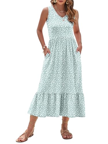 Image of AUSELILY Womens Summer Maxi Dress Casual Sleeveless V Neck Floral Dresses | A line shape with practical side pockets, Vacation dress for resort walks, Pair with low heels and simple jewelry