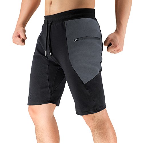 BROKIG Mens Sidelock Gym Workout Running Sport Shorts with Zipper Pockets (Medium Spliced Grey)