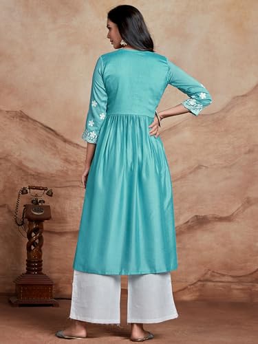 Image of EthnicJunction Women's Silk Blend Regular Fit Chikankari Embroidered Naira Cut Kurta