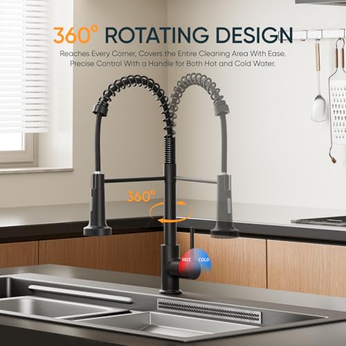 BESy Matte Black Kitchen Sink Tap, 2 Function Kitchen Sink Mixer Taps with Pull Out Spray, Brass High-Arc 360° Swivel Single Handle Spring Rv Taps - Image 3