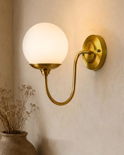 Image of Homesake Antique Brass Wall Sconce with White Pleated Fabric Shade, Vintage E27 Wall Light Fixture, Industrial Gold Wall Lamp for Bedroom, Living Room, Bathroom, Hallway & Home Decor