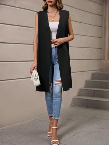 MakeMeChic Colete feminino sem mangas aberto na frente, sólido, trabalho, escritório, blazer, Preto,