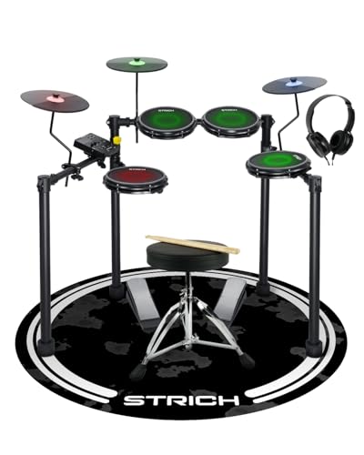 STRICH Electric Drum Set with Mesh Heads, LED Light-Up Drum Pads, USB MIDI, Quiet Foldable Electronic Drum Kit with Throne, Headphones & Drum Mat for Beginners and Home Practic, SED-T03