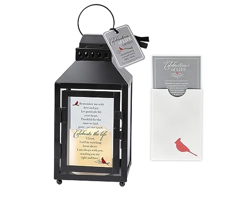 Product Image of the Celebration of Life Memorial Lantern with Flickering LED Candle-Thoughtful Bereavement Gift /Sympathy Gift for Loss of Mom/Dad/Loved One/ Cardinal Sympathy Gift/ Cardinal Memorial Gift (Black)