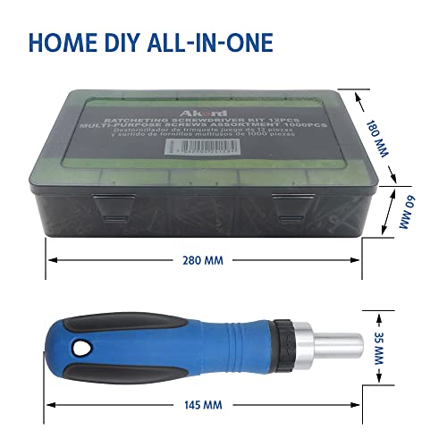 Akord 1012 In 1 Ratcheting Screwdriver Kit 12Pcs & Multi-Purpose Screws Assortment 1000Pcs - Phillips, Slotted, Torx And Pozi Bits Nut Driver+Socket Adapter+Wood Screws, Drywall Screws For Home Diy #TOP6