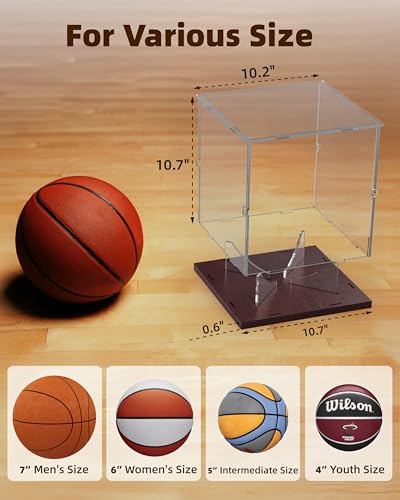 Image of Fitense Basketball Display Case Acrylic Clear, UV Protected Basketball Stand Box Full Size with Solid Wood Base, Soccer Display for Autographed Standard NBA WNBA Ball Memorabilia Keepsake, Ideal Gift