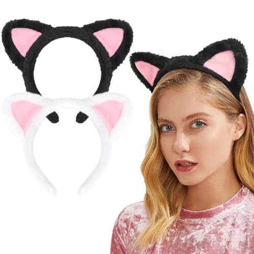 DRESHOW 2 Pack Cat Ears Headbands Furry Kitten Ears Hairbands Washing Face Makeup Head Band with Cat Ear Cosplay Fashion Headband Hair Accessories for Adults