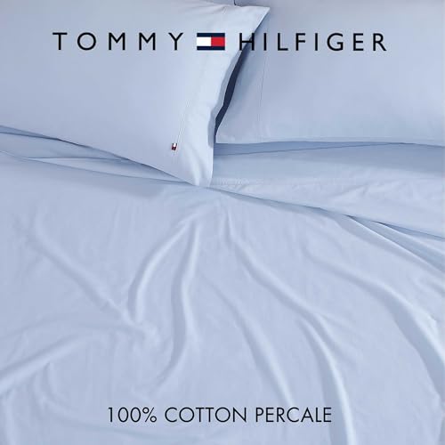 Image of Tommy Hilfiger - Sheet Set, Cotton Percale Bedding with Matching Pillowcases, Crisp & Cool, Solid Home Essentials (Blue, Full)