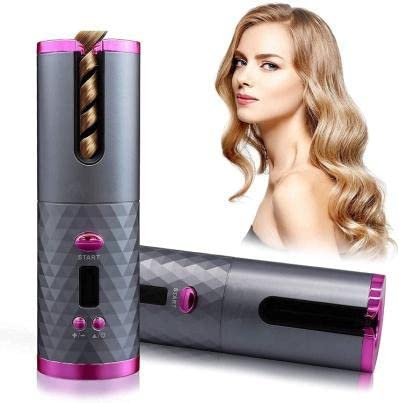 Heria Cordless Auto Usb Hair Curler Curling Iron Rechargeable Rotating Ceramic Barrel Fast Heating with 6 Temperature Timer Settings Auto Shut-Off Portable (Multicolour, Pack of 1)