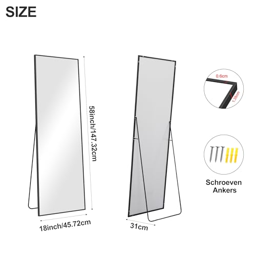 COFENY Espejo de Pie Cuerpo Entero 147 x 44 cm, Espejo Pared con Marco de Aluminio, Espejo de Pie Inclinado o Colgante para Salón, Dormitorio, Entrada, Negro - imagen 7