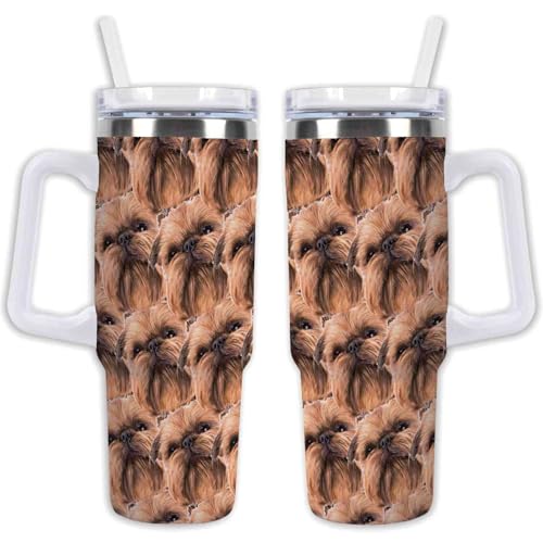 GABSHAIM Stainless Steel Tumbler Many Brussels Griffon Dog Faces Heads Coffee Cup 40oz Thermal Insulated Travel Mug with Handle Straw & Lid, Double Sided For Dog Puppy Lovers Style 1