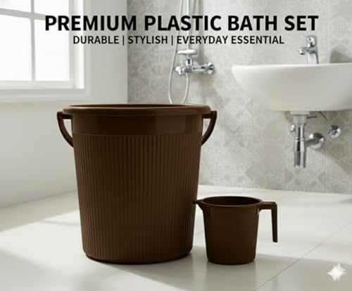 Image of MODWARE Plastic Bucket Set with Mug, 20L Bucket with 1L Mug, Polypropylene, Round Shape, (Brown, 20 L)