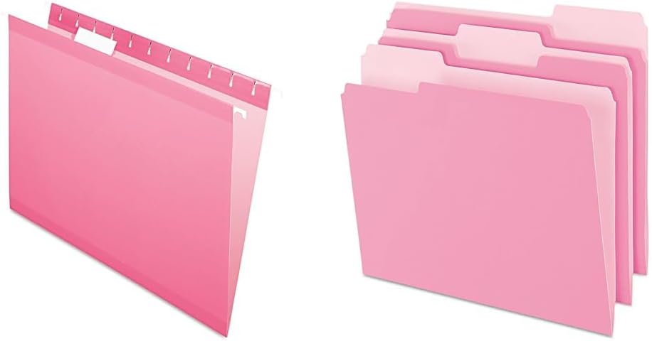 Pendaflex Reinforced Hanging Folders Letter Size Pink 1/5 Cut 25/Box and Two-Tone Color File Folders Letter Size 1/3 Cut Pink 100/Box Office Supply Bundle
