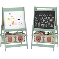 AIYAPLAY Art Easel for Kids with Paper Roll, 3 in 1 Double-Sided Kids Easel for Children, Drawing Board with Blackboard and Whiteboard, Storage Baskets, Green