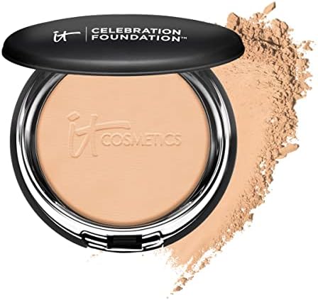 IT Cosmetics Celebration Foundation, Medium Tan (W) - Full-Coverage, Anti-Aging Powder Foundation - Blurs Pores, Wrinkles & Imperfections - With Hydrolyzed Collagen & Hyaluronic Acid - 0.3 oz Compact