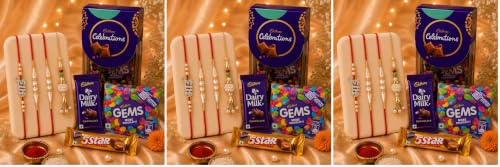 Image of Cadbury 4 Rakhi Combo for Brother Bhabhi Kids with Celebration Chocolate Gift Pack /Rakshabandhan with Gift for Brother with chocolate combo /Lumba /Pearl Designer /Greeting Card (Pack of 3)