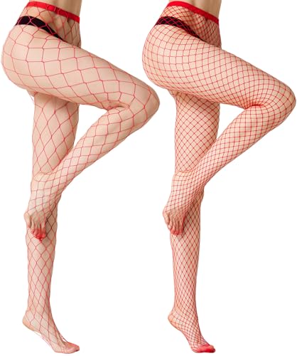 MengPa Womens Fishnets Tights High Waist Stockings Party Thigh High Pantyhose 2Pcs (Red-(L&XL Gride)) 2440