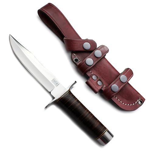 GCS Custom Handmade Stacked Leather Handle D2 Tool Steel Blade Full Tang Bowie Knive with Leather Sheath for Hunting, Bushcrafting, Camping, Survival and EDC-GCS 957 - GCS Knives