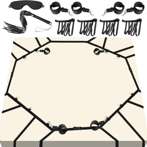 Bondage Restraints BDSM Sex Bondage Kit Bed Restraints with Hand Cuff and Ankle Cuff BDSM Adult Sex Toys for Couples 10 Pcs Adult Sex Toys with 4 Adjustable Wrist Thigh Cuffs,Whip,Eye Mask