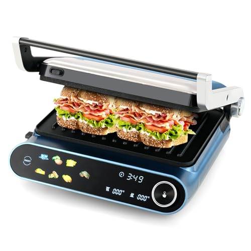 Happygrill 3 in 1 Panini Press and Electric Indoor Grill, 1200W Open Flat Teppanyaki Griddle w/ 2 Non-Stick Dishwasher-Safe Plates, 7 Grilling Modes, LED Display, Independent Temp Control & Drip Tray
