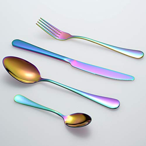 16 Piece Rainbow Cutlery Set, Classic Stainless Steel Flatware Silverware Sets with Knives and Forks Spoons TeaSpoons, Service for 4 People, Mirror Polished,Dishwasher Safe (Multicoloured Colourful) - Image 4