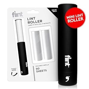 Flint Classic Black Retractable Mini Lint Roller with 90 Extra Sticky Sheets, Small and Portable Lint Roller, Ideal Pet Hair Remover, Travel Lint Rollers for pet Hair Extra Sticky