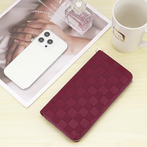 Checkered Zip-Around Wallet for Women, Faux Leather Credit Card and Cash Holder, Long Clutch Phone Purse, Red2