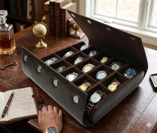 Image of essart Premium 15-Slot Watch Roll Case - Elegant Leather Travel Watch Organizer & Collector Display Box